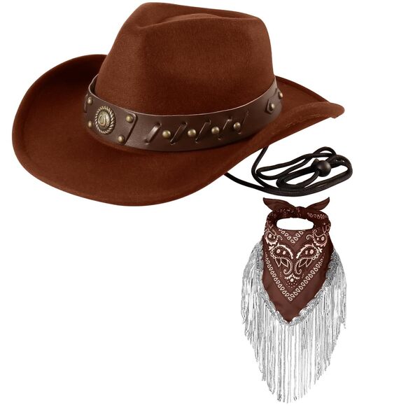 1484 Cowboy Hat With Fringed Bandana Set For Women Wide Brim Western main image 5